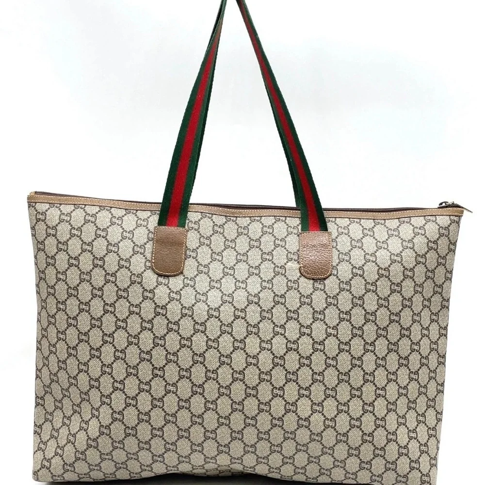 Auth Gucci GG Plus Beige Sherry Line PVC x Leather Brown Tote Bag